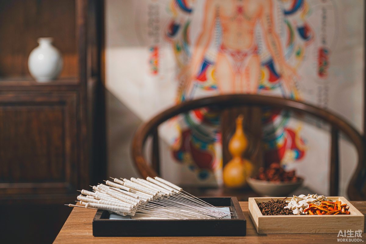 A wooden tray of acupuncture needles with dried herbs and a channel chart behind — the classical toolkit that stood in for modern gum care