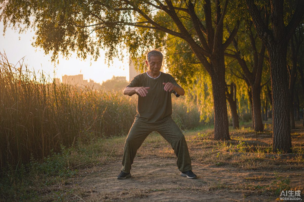 An older man practicing a standing qigong stance in a park at sunrise among willow trees, brief daily movement in open air