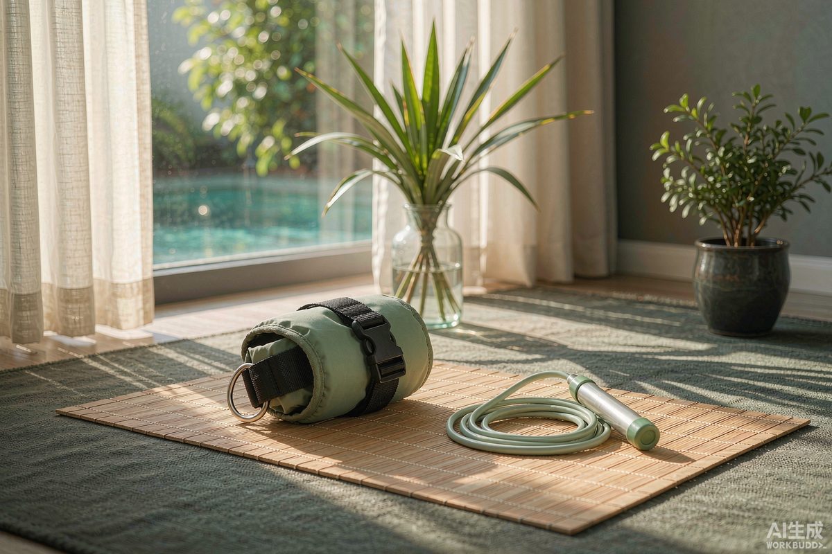 An ankle weight and a jump rope resting on a bamboo exercise mat by a bright window — compact home cardio gear in a small space