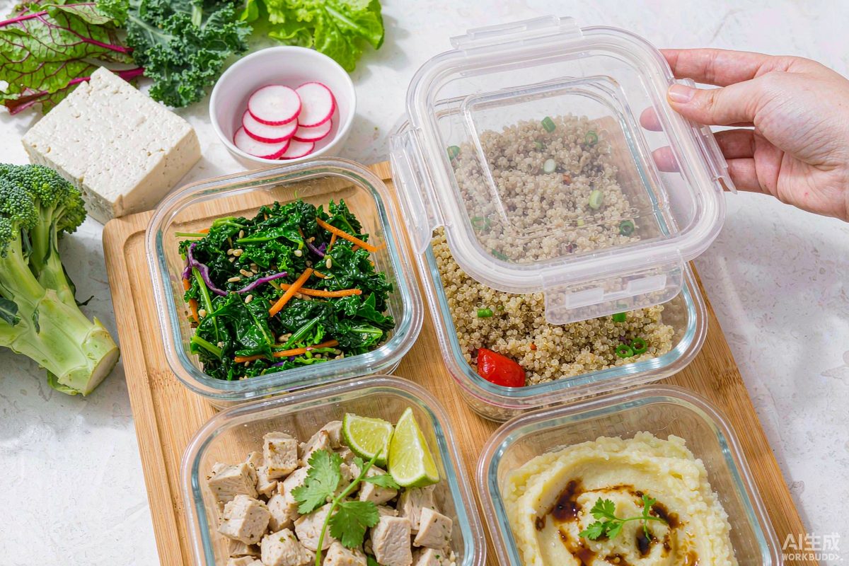 Portioned meal prep containers with grains, greens and protein