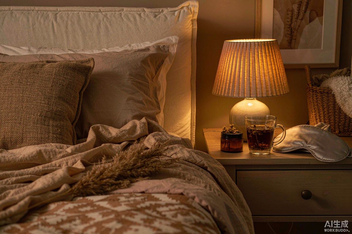 A warm bedroom at night with a bedside lamp, a glass of herbal tea and a sleep mask on the nightstand — the closed quiet room whose air a purifier treats all night