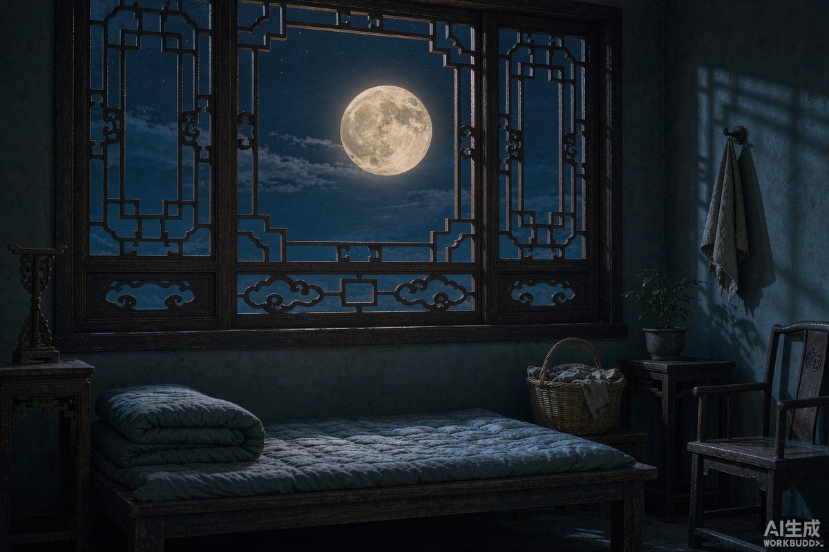 A dark traditional Chinese bedroom at night with moonlight through a carved wooden window and a folded quilt on the bed โ the hours when Wei Qi withdraws inward