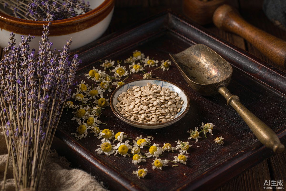 Dried lavender, chamomile flowers and seeds arranged on a dark wooden tray — botanicals associated with clean, calm night air and easier breathing