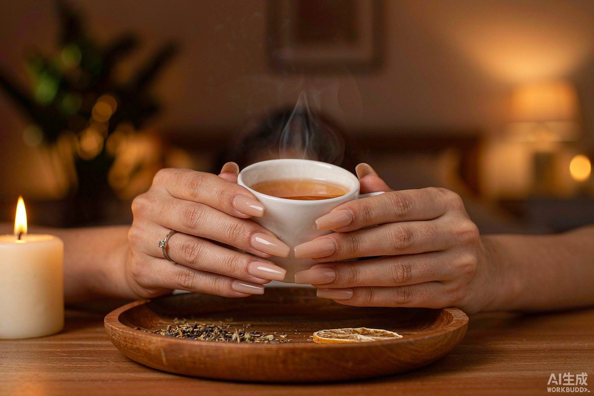 Hands cupping a steaming mug of herbal tea beside a lit candle in a dim evening room โ the wind-down ritual that sets up the night's immune housekeeping